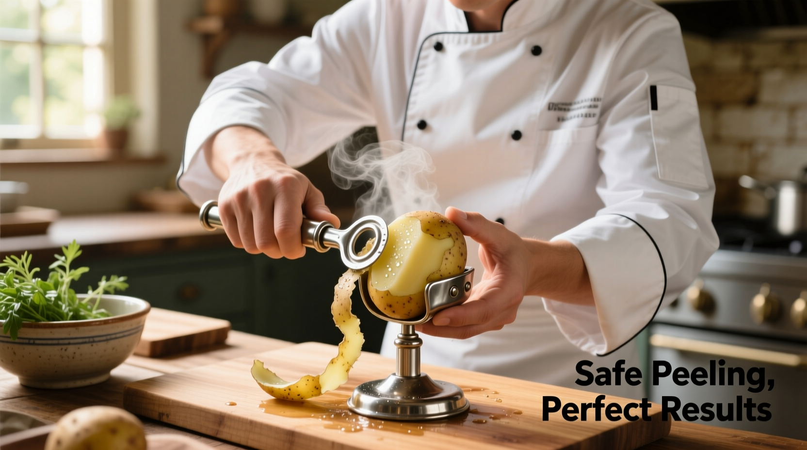 Chef using potato holder to safely peel boiled potatoes