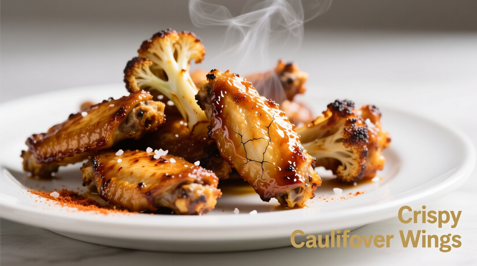 Crispy golden cauliflower buffalo wings on white plate