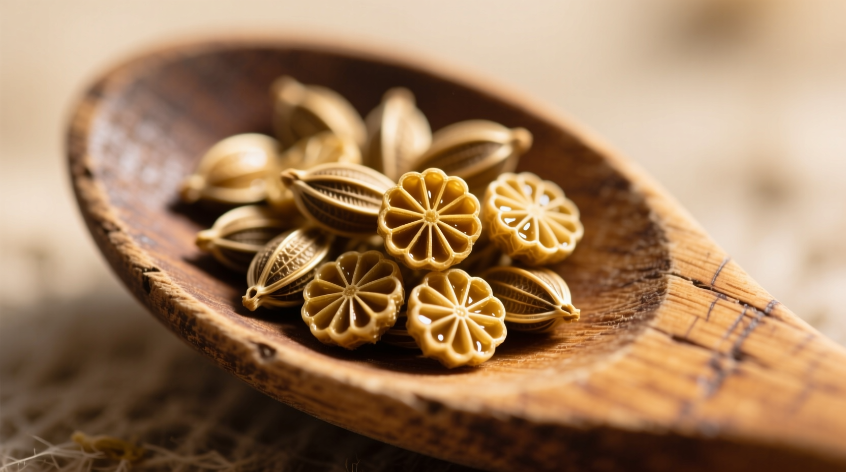 Close-up of golden fennel seeds on wooden spoon