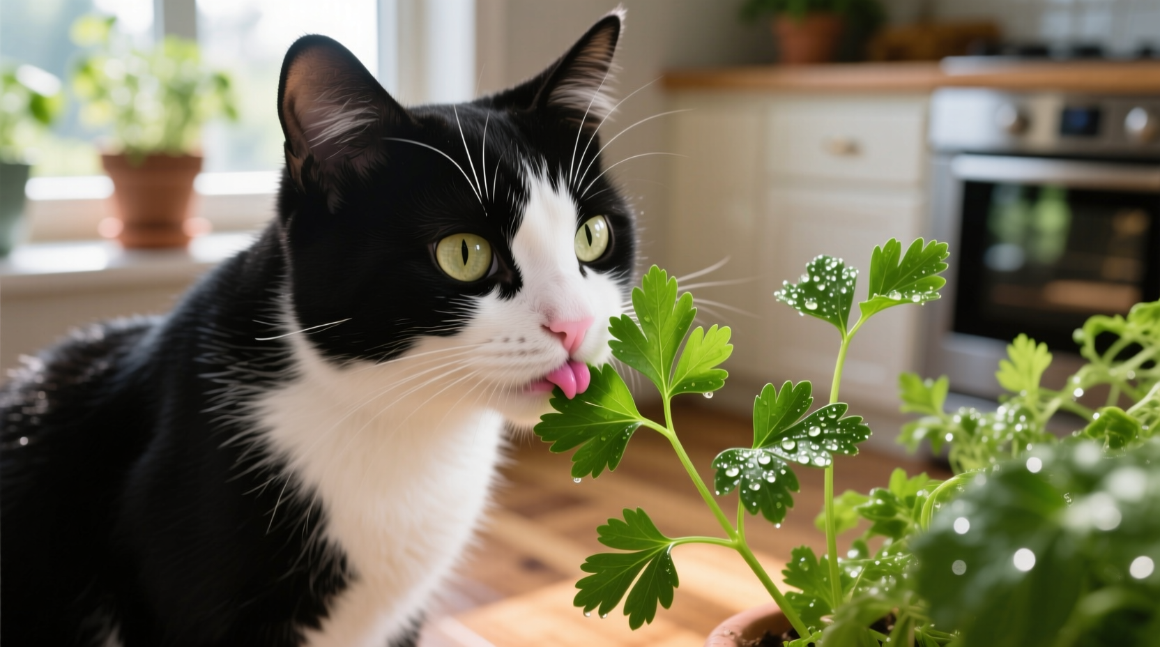 Cat safely nibbling fresh parsley leaves