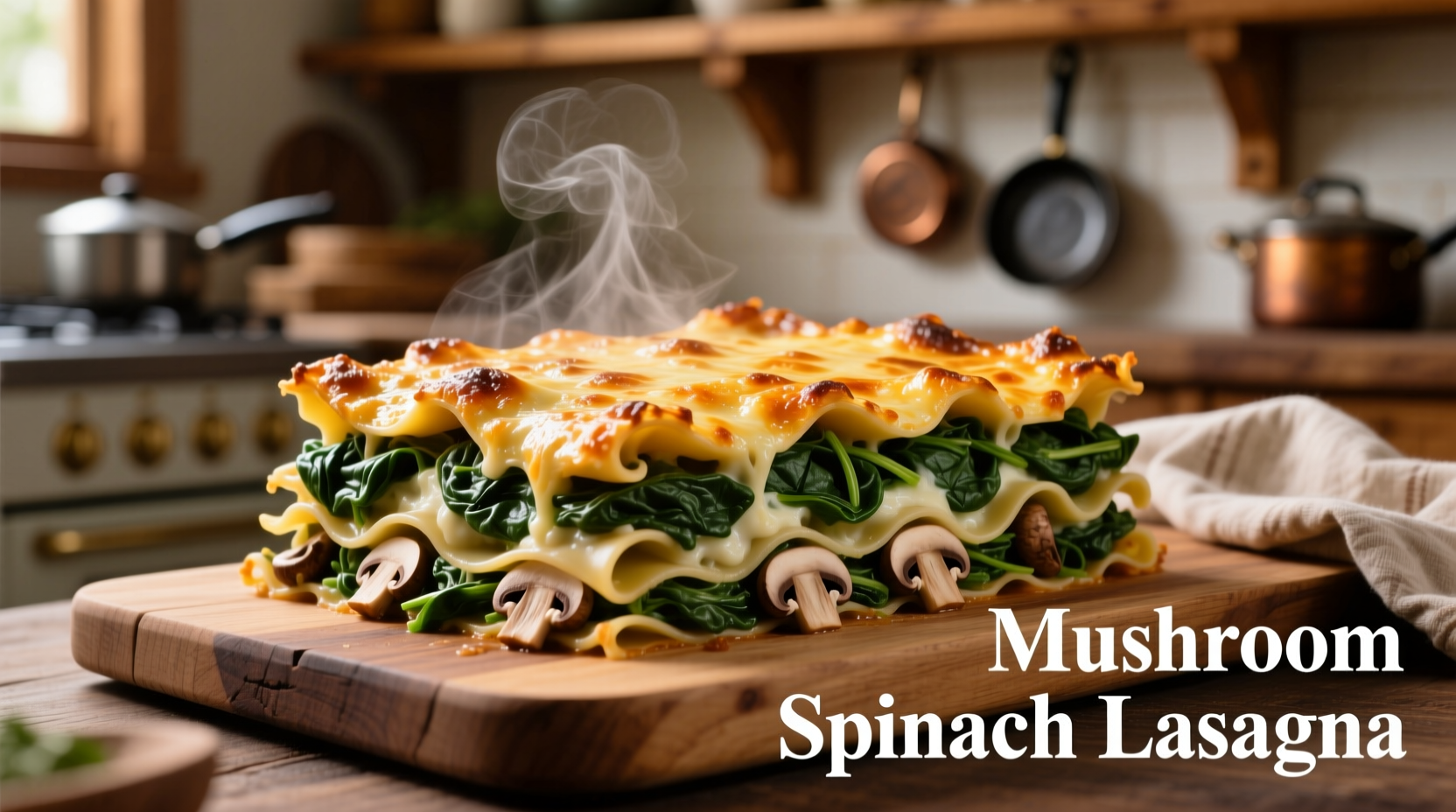 Mushroom spinach lasagna with golden cheese crust