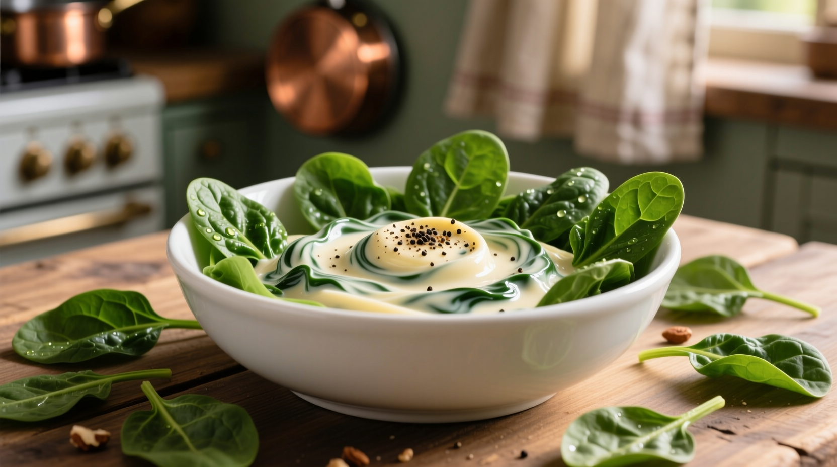Creamed spinach in white bowl with fresh spinach leaves