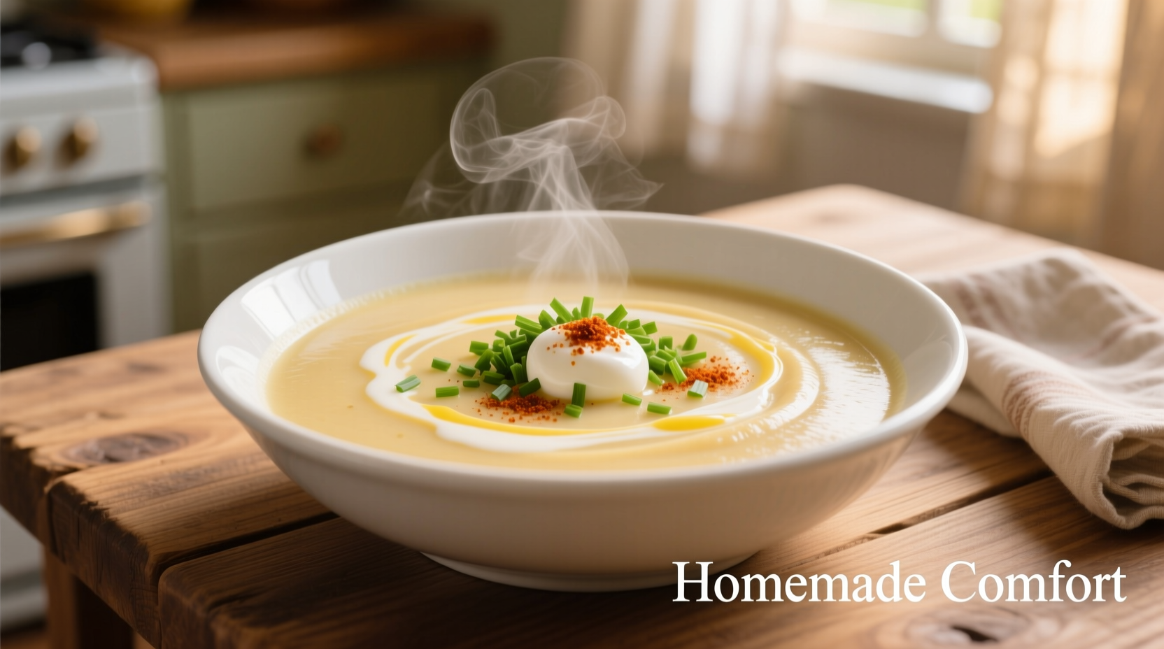Creamy potato soup in white bowl with garnish