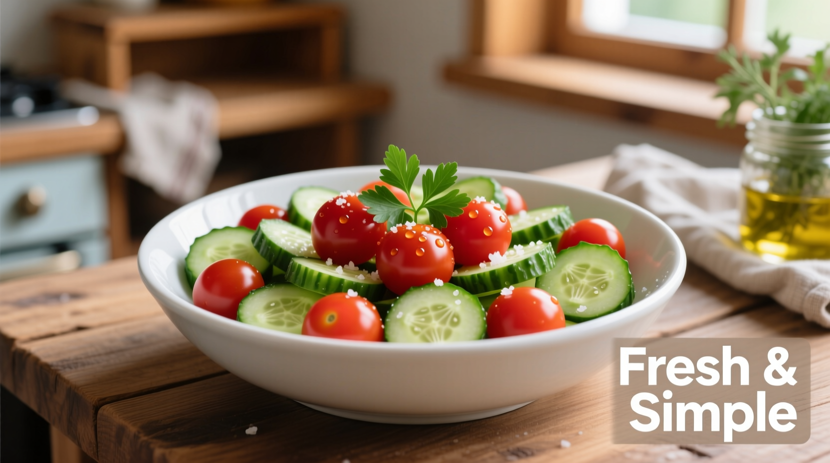Fresh cherry tomato cucumber salad in white bowl