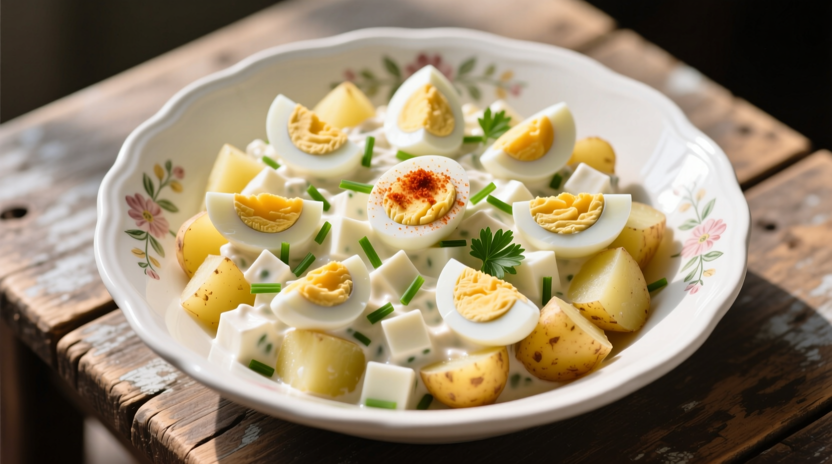 Perfectly chopped eggs in creamy potato salad
