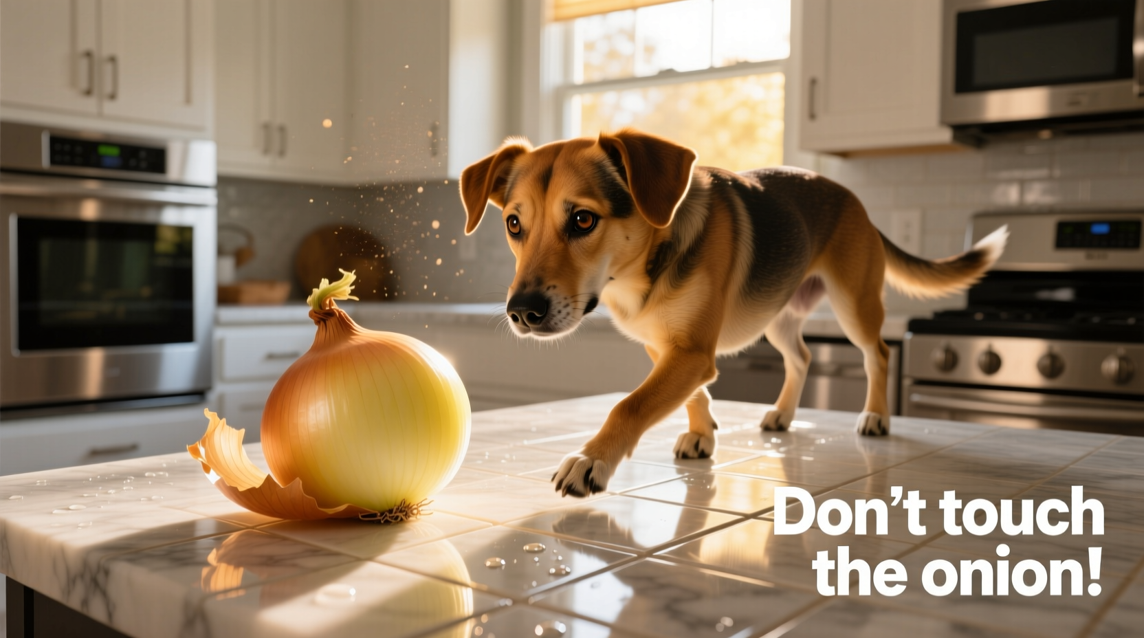 Dog avoiding onion on kitchen counter