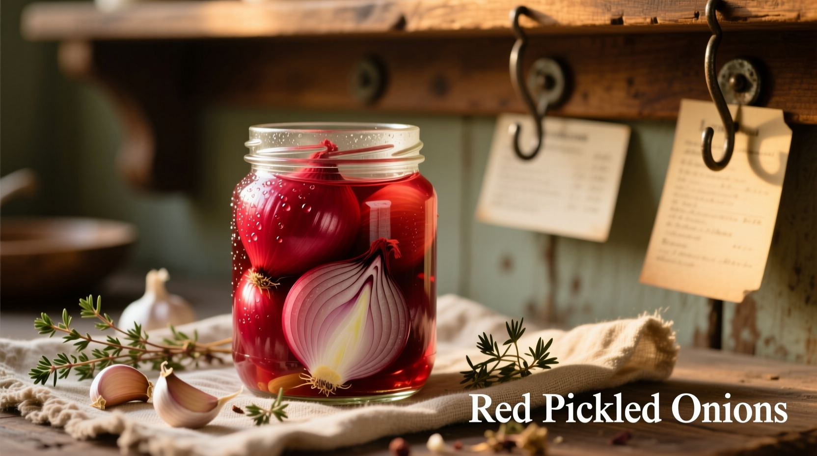Vibrant red pickled onions in glass jar