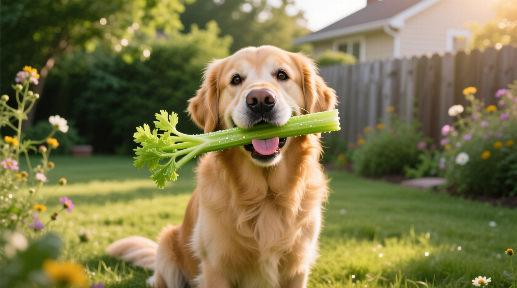 Golden Retriever happily munching on celery sticks