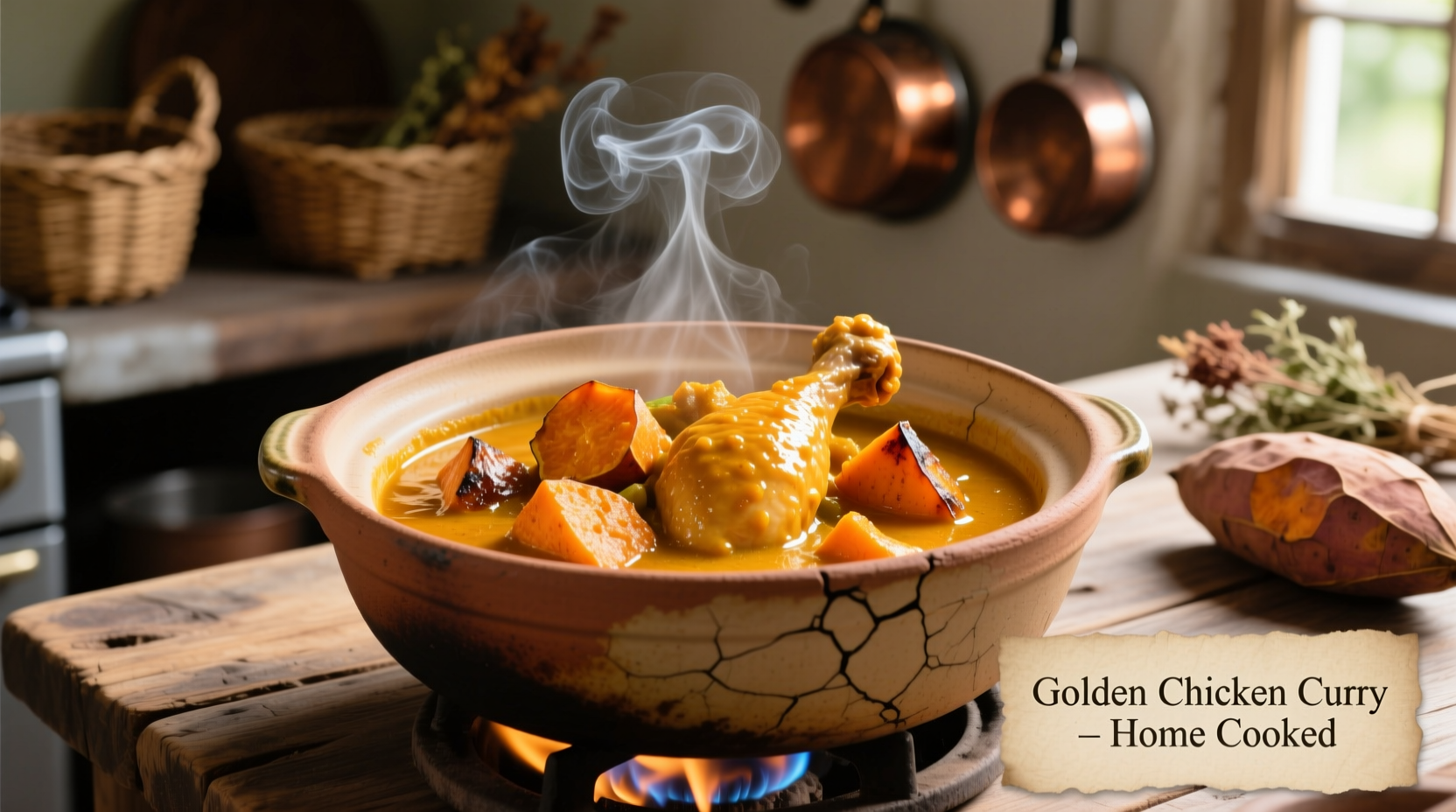 Golden chicken curry with sweet potato in clay pot