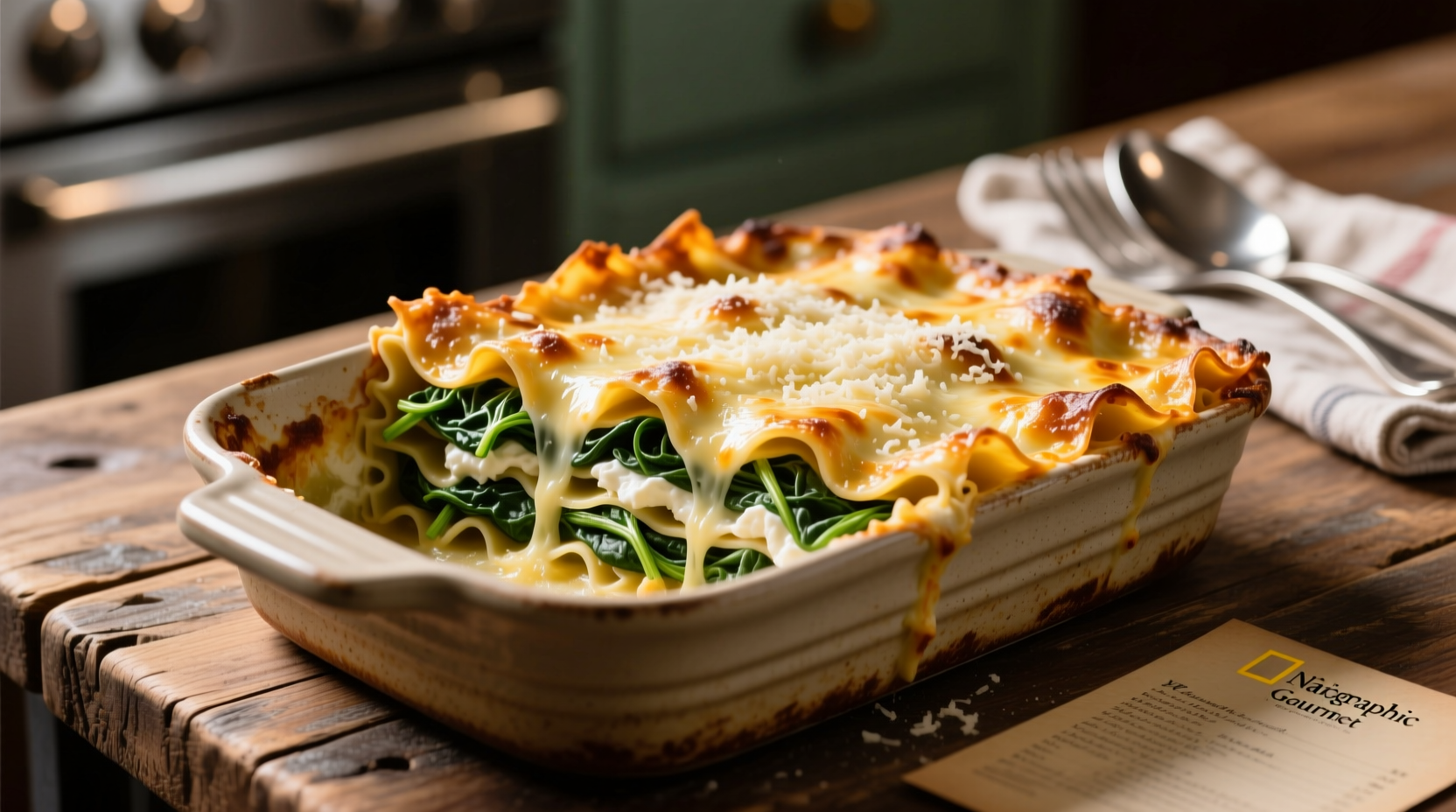 Fresh spinach and ricotta lasagna layers in baking dish