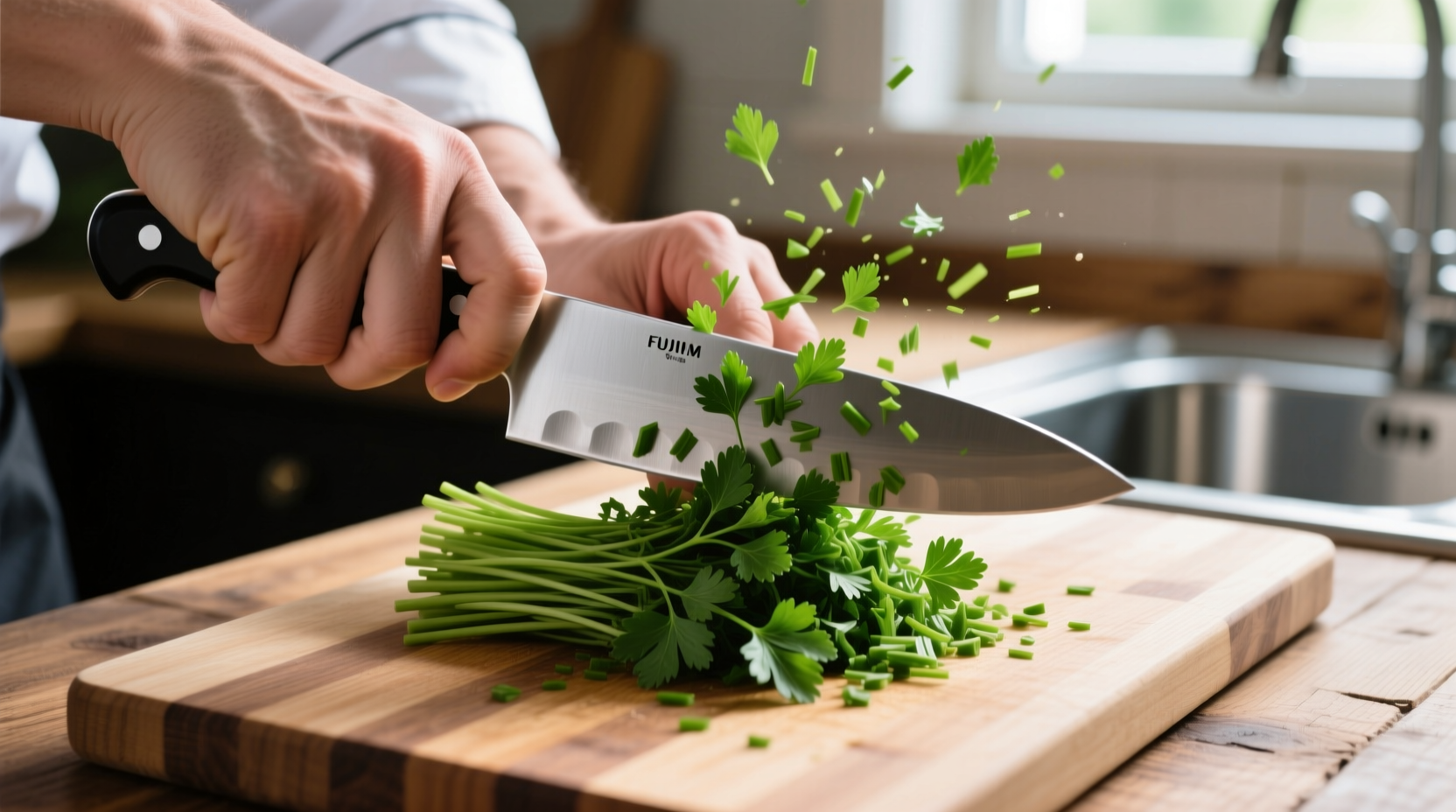 Hand demonstrating proper parsley chopping technique with chef's knife