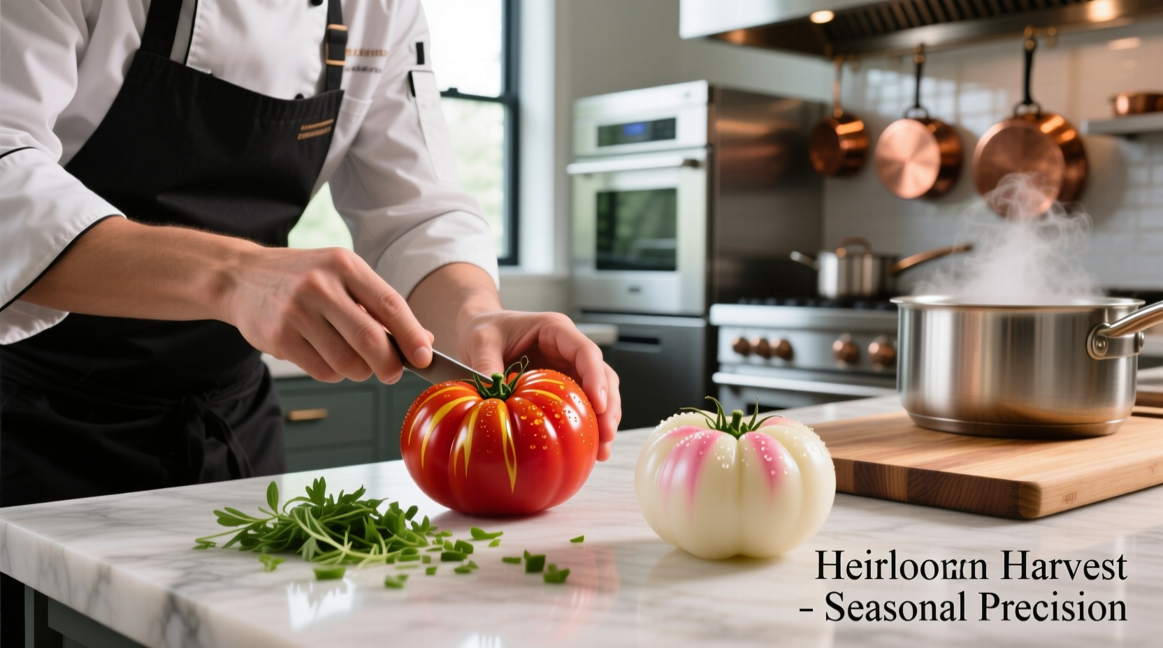Chef preparing heirloom tomato varieties in professional kitchen