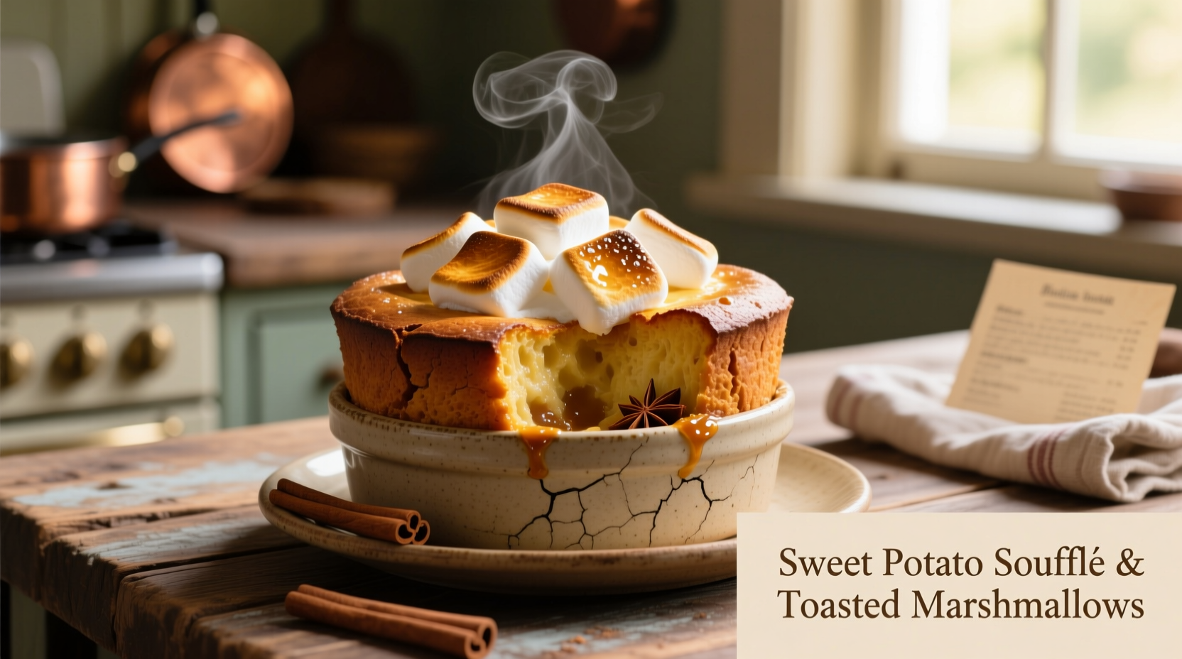 Golden-brown sweet potato souffle with perfectly toasted marshmallows