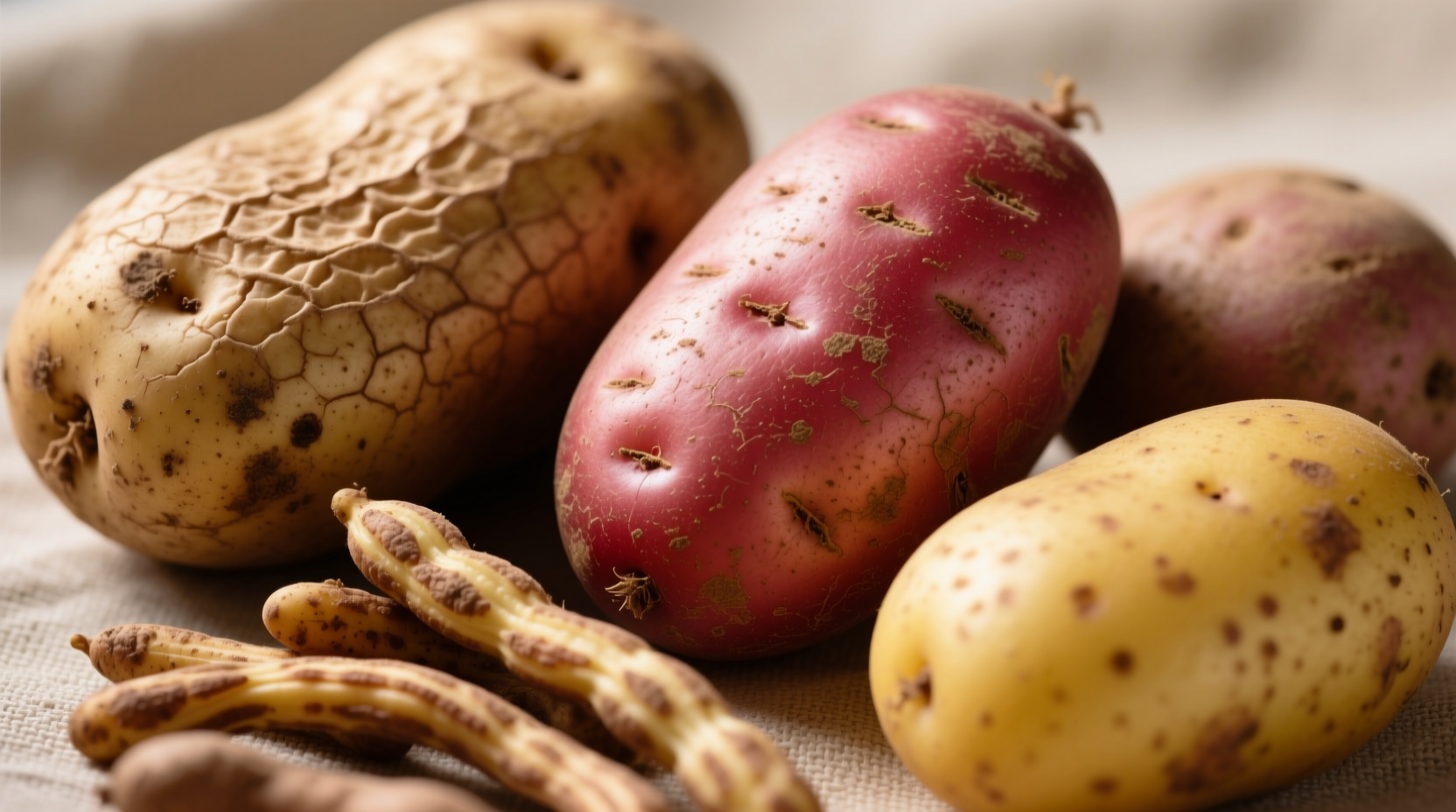 Close-up of different potato varieties showing texture differences