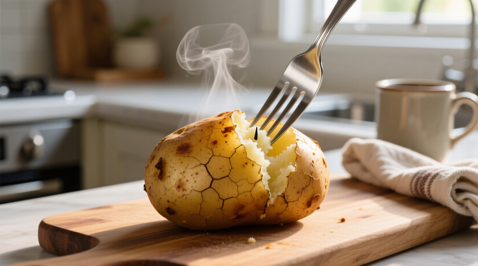 Perfectly cooked microwave potato with fork