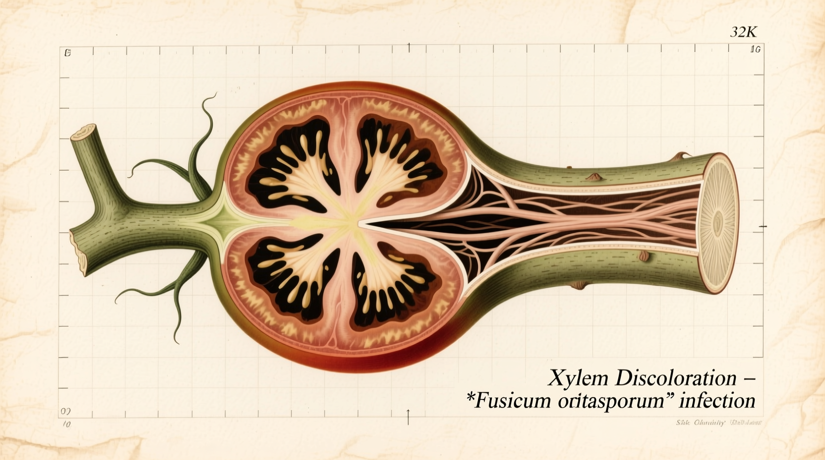 Tomato stem showing vascular discoloration from wilt