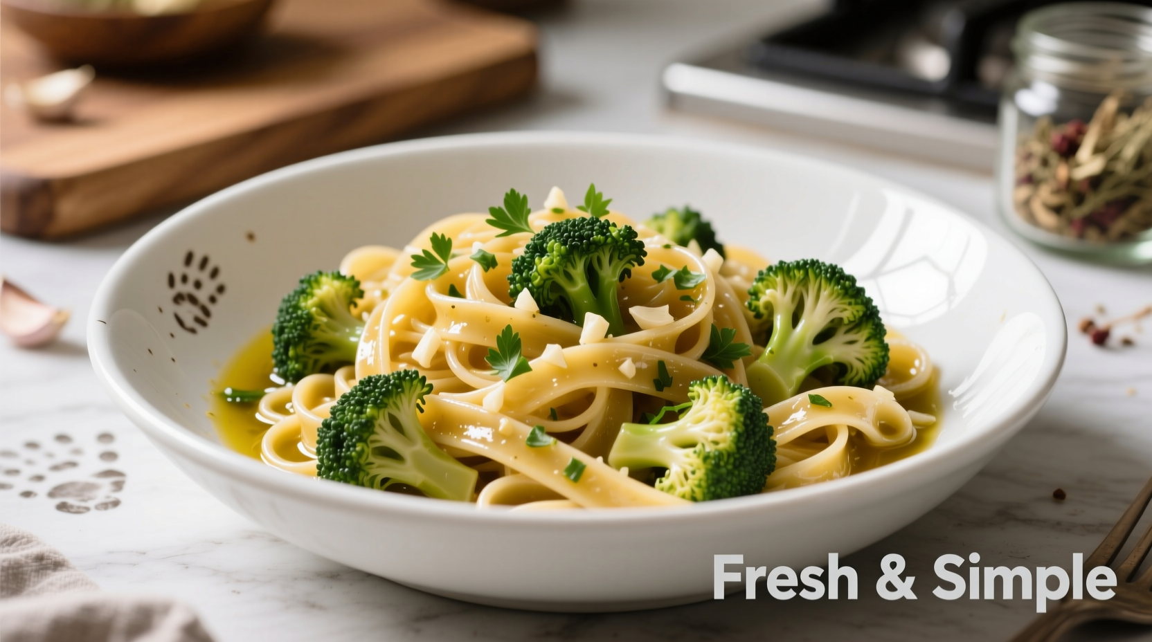 Perfectly cooked pasta with broccoli garlic and oil in white bowl