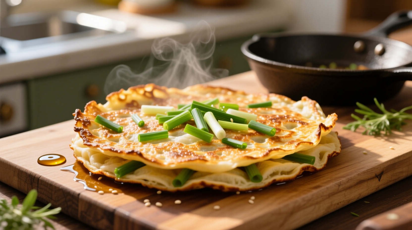 Perfectly golden homemade green onion pancakes with crispy edges