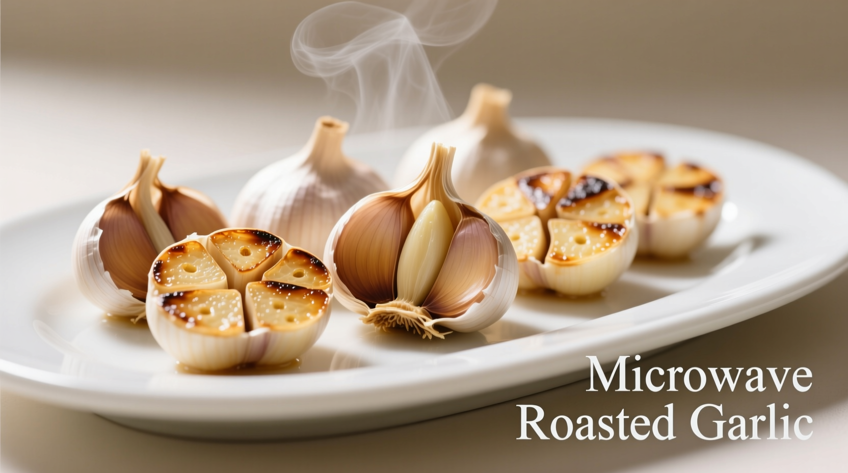 Microwave roasted garlic cloves on white plate