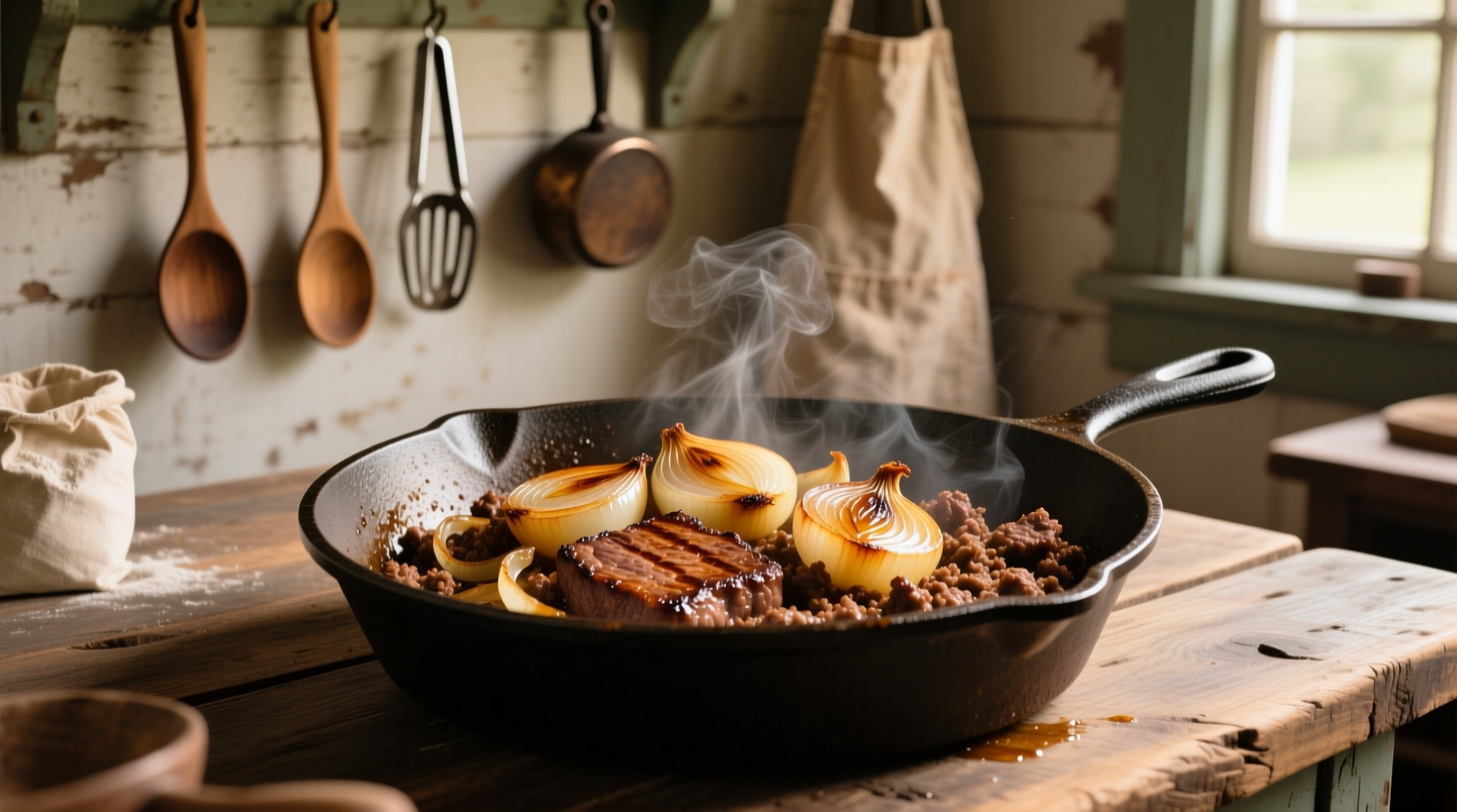 Cast iron skillet with sizzling ground beef and caramelized onions