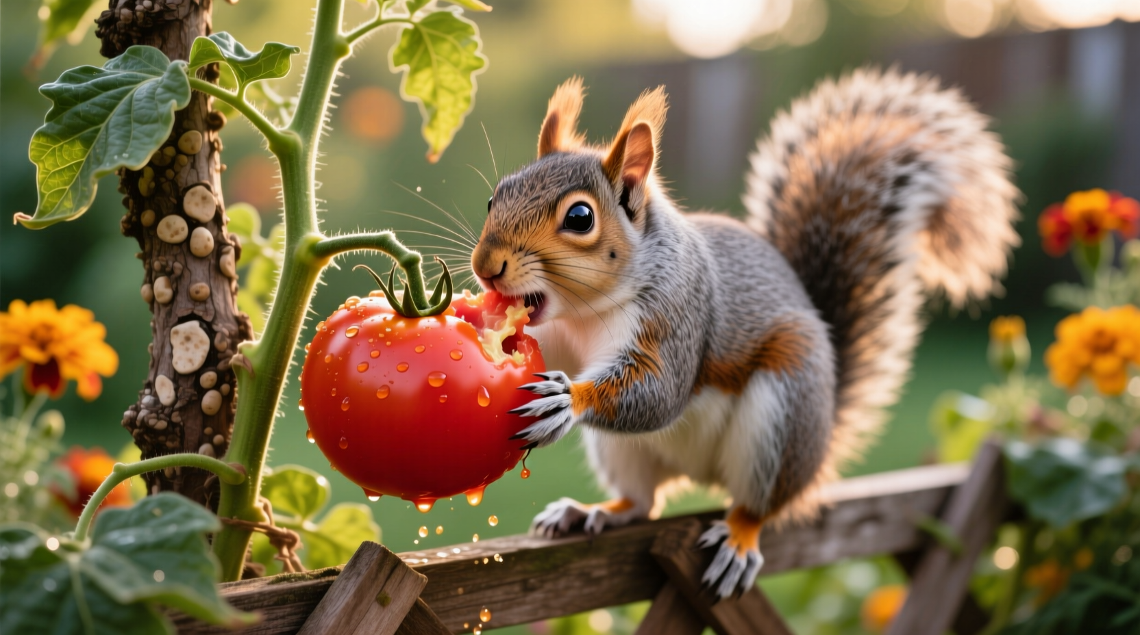 Squirrel eating ripe tomato from garden plant