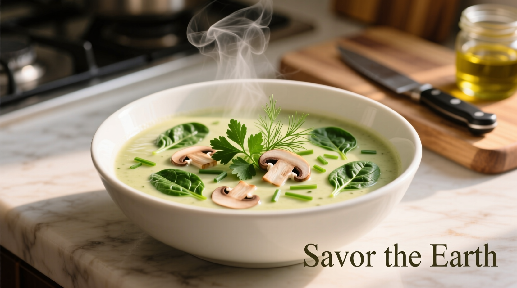 Creamy spinach mushroom soup in white bowl with fresh herbs