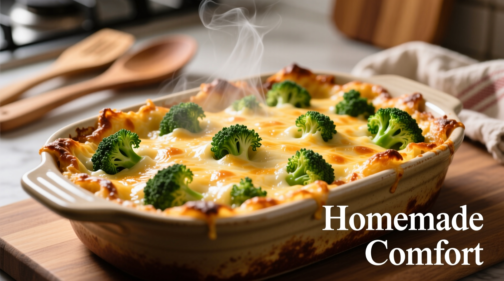 Golden baked casserole with melted cheese and visible broccoli florets