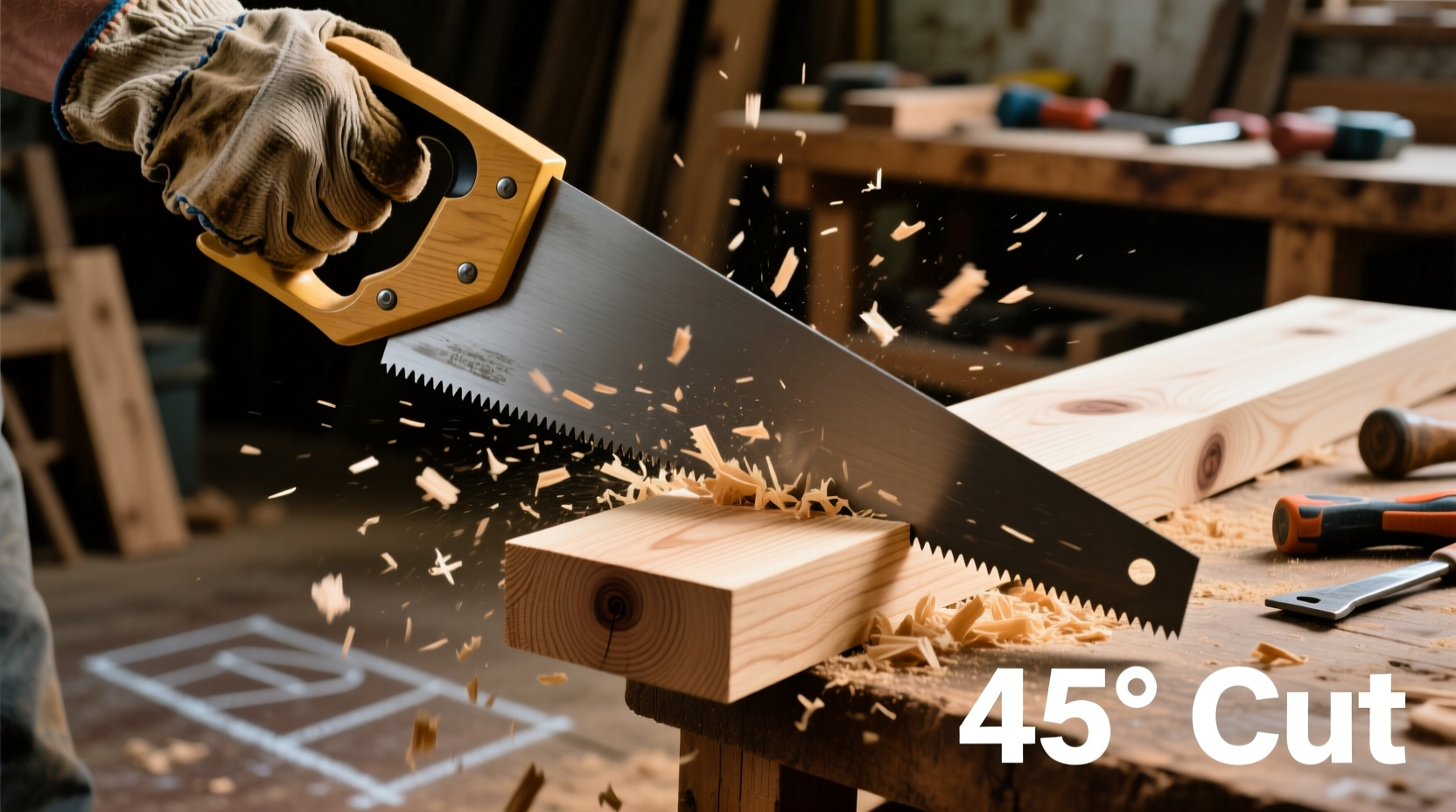 Hand saw cutting wood at 45 degree angle for frame assembly