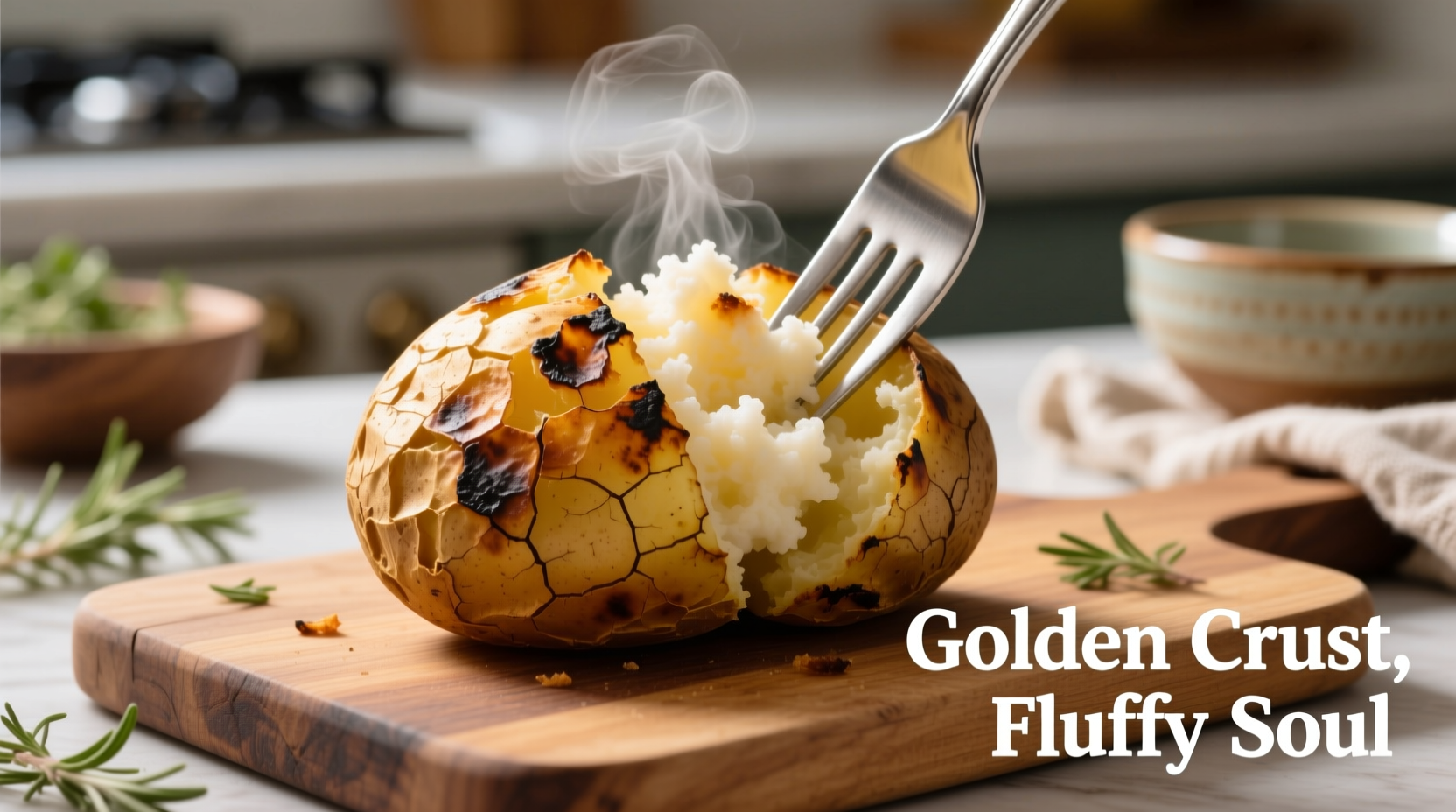 Crispy baked potato with fork showing fluffy interior