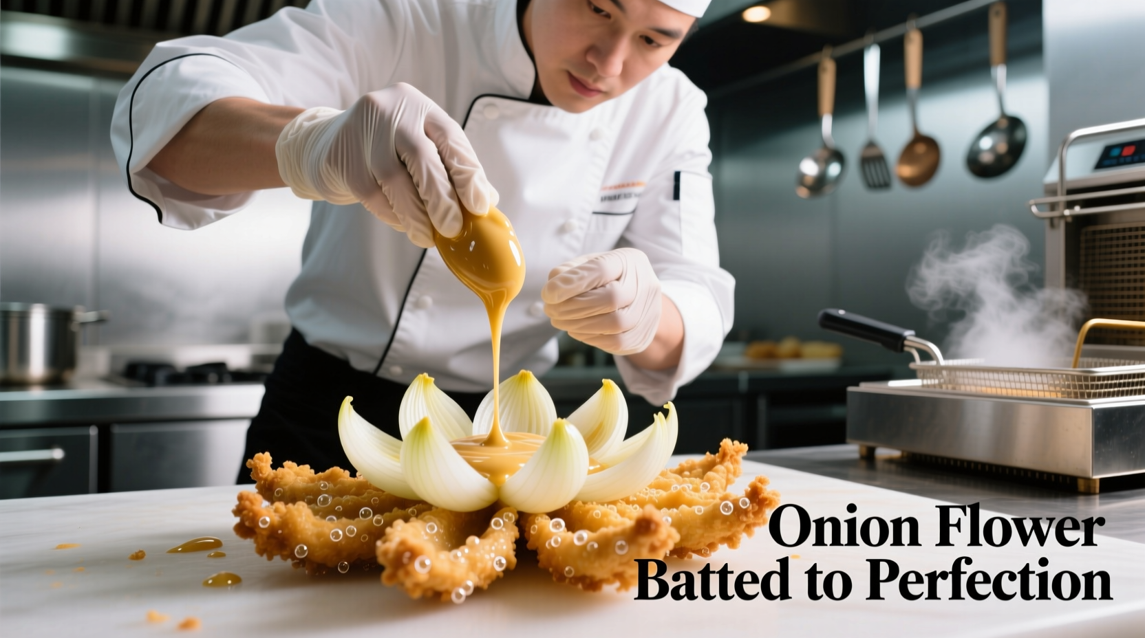 Professional chef preparing battered onion flower
