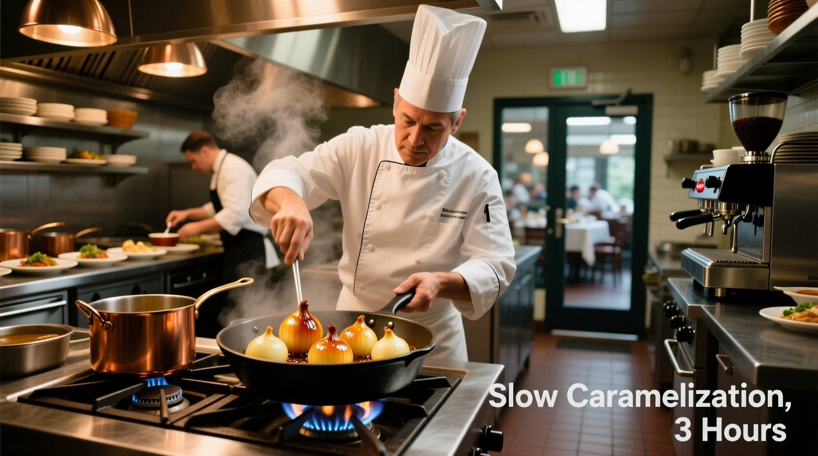 Chef preparing braised onions in restaurant kitchen