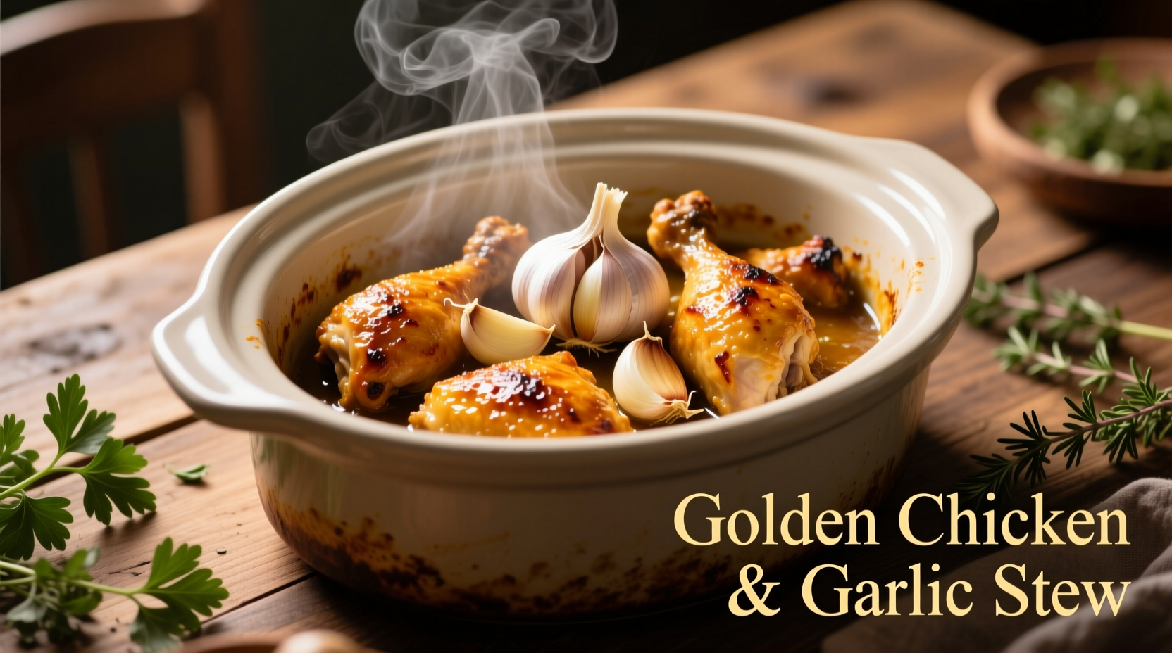 Slow cooker filled with golden chicken and garlic
