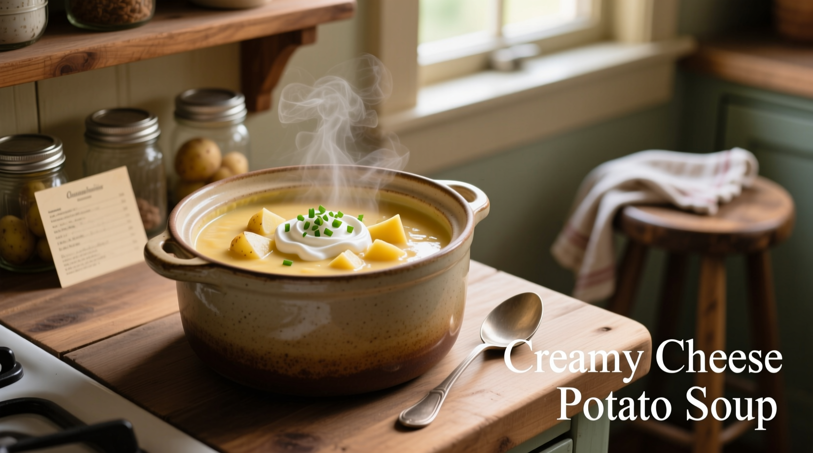 Creamy cheese potato soup in crock pot with garnish