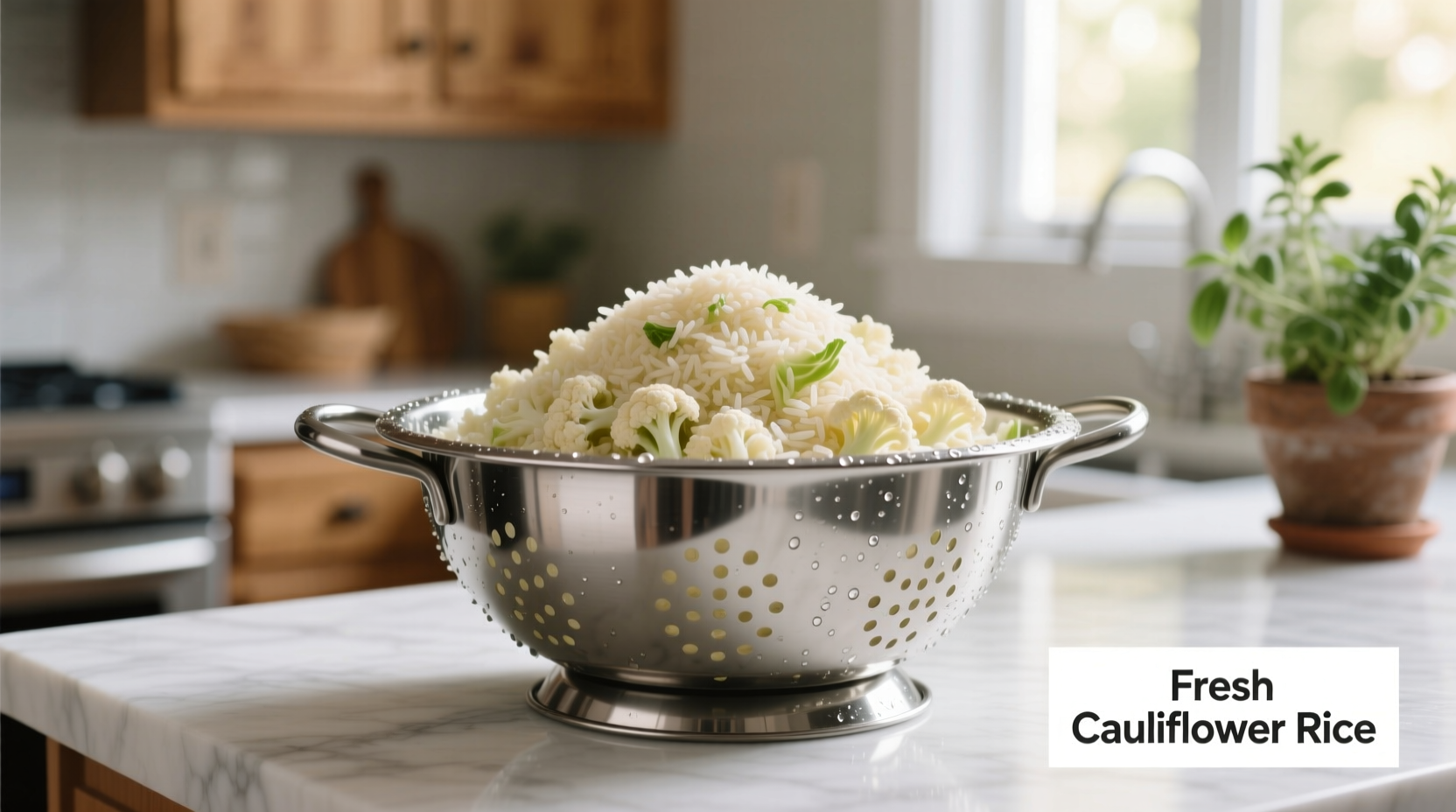 Fresh cauliflower rice in a colander