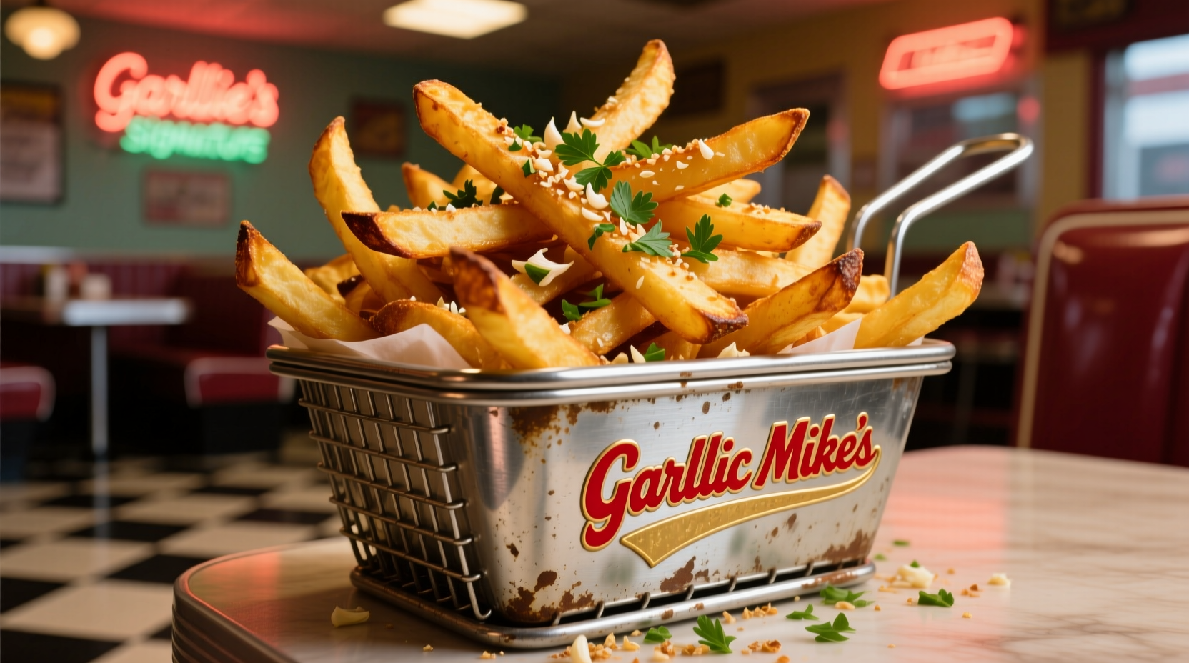 Garlic Mike's signature garlic fries served in a metal basket
