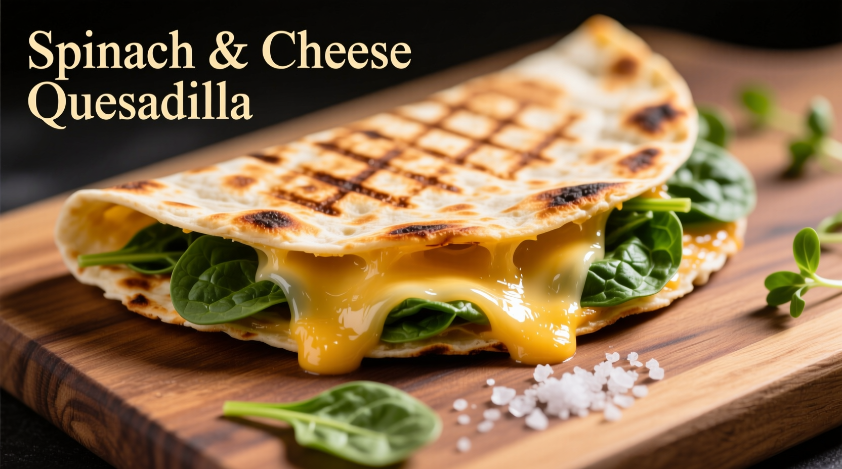 Golden brown spinach quesadilla with melted cheese