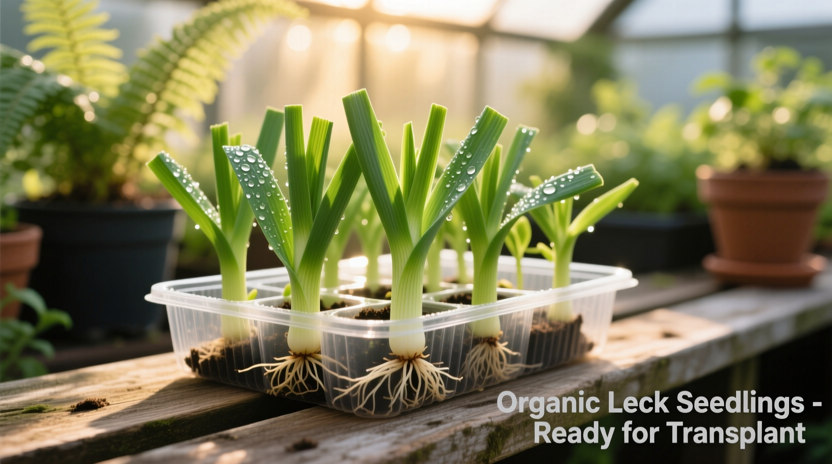 Healthy leek seedlings in nursery trays