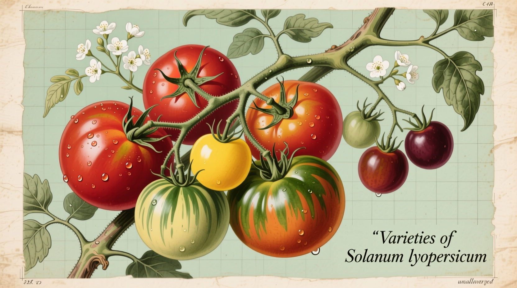 Fresh tomatoes on vine showing different varieties