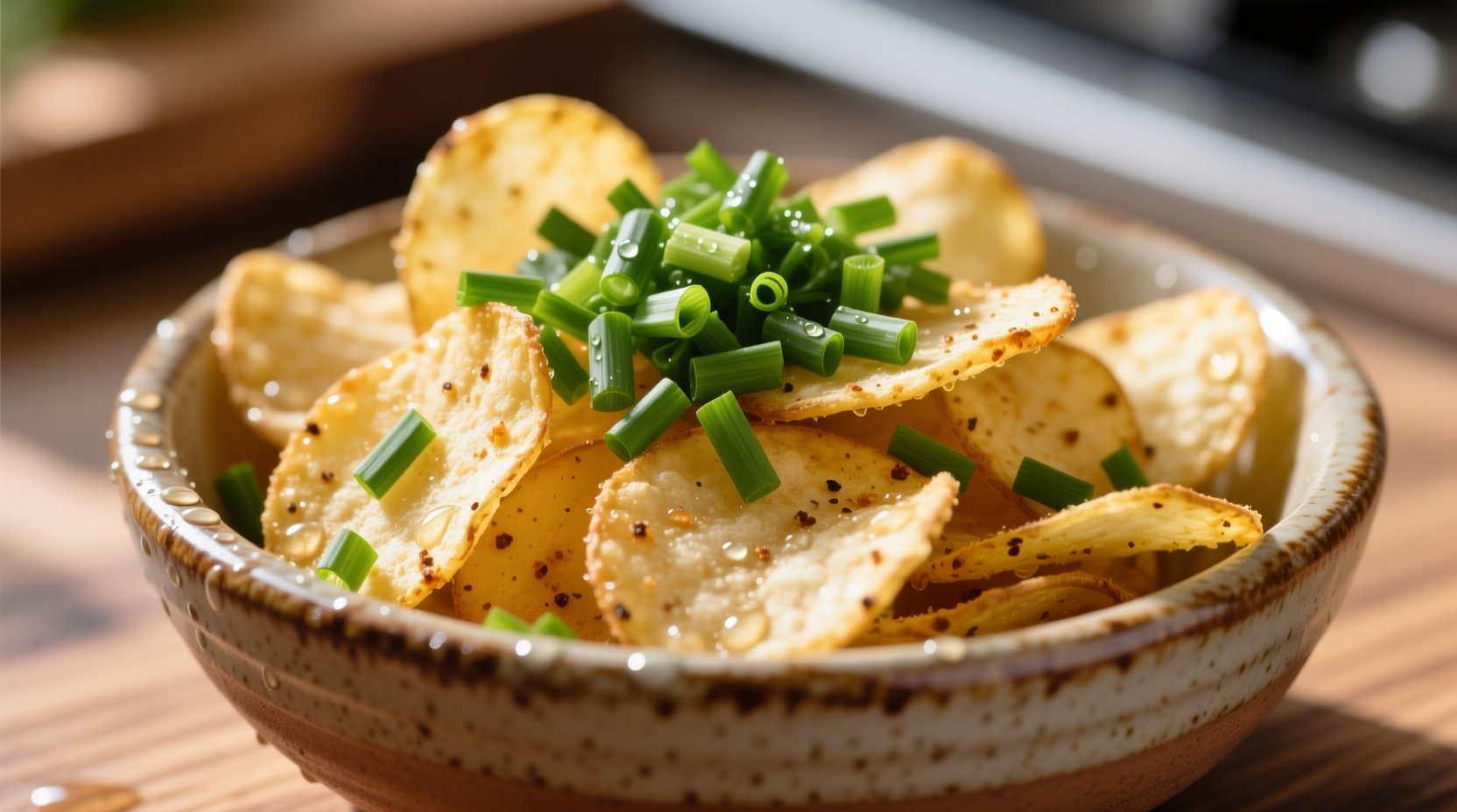 Close-up of Lays Sour Cream & Onion chips in a bowl with fresh chives