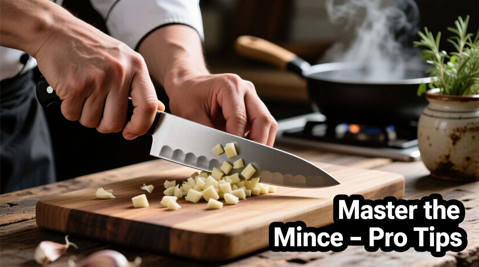 Chef's hand demonstrating proper garlic mincing technique with chef's knife