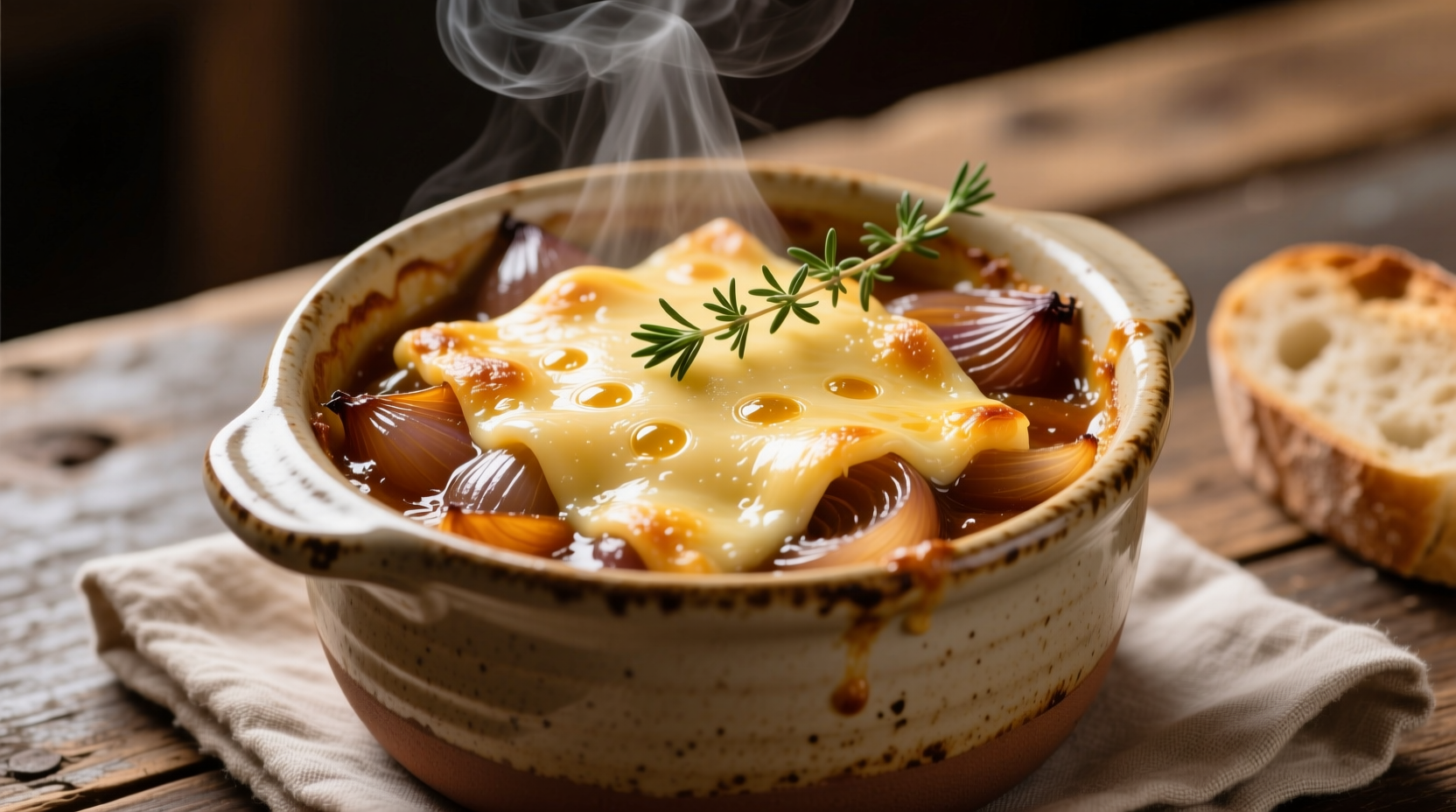 Golden French onion soup in crock with melted cheese topping