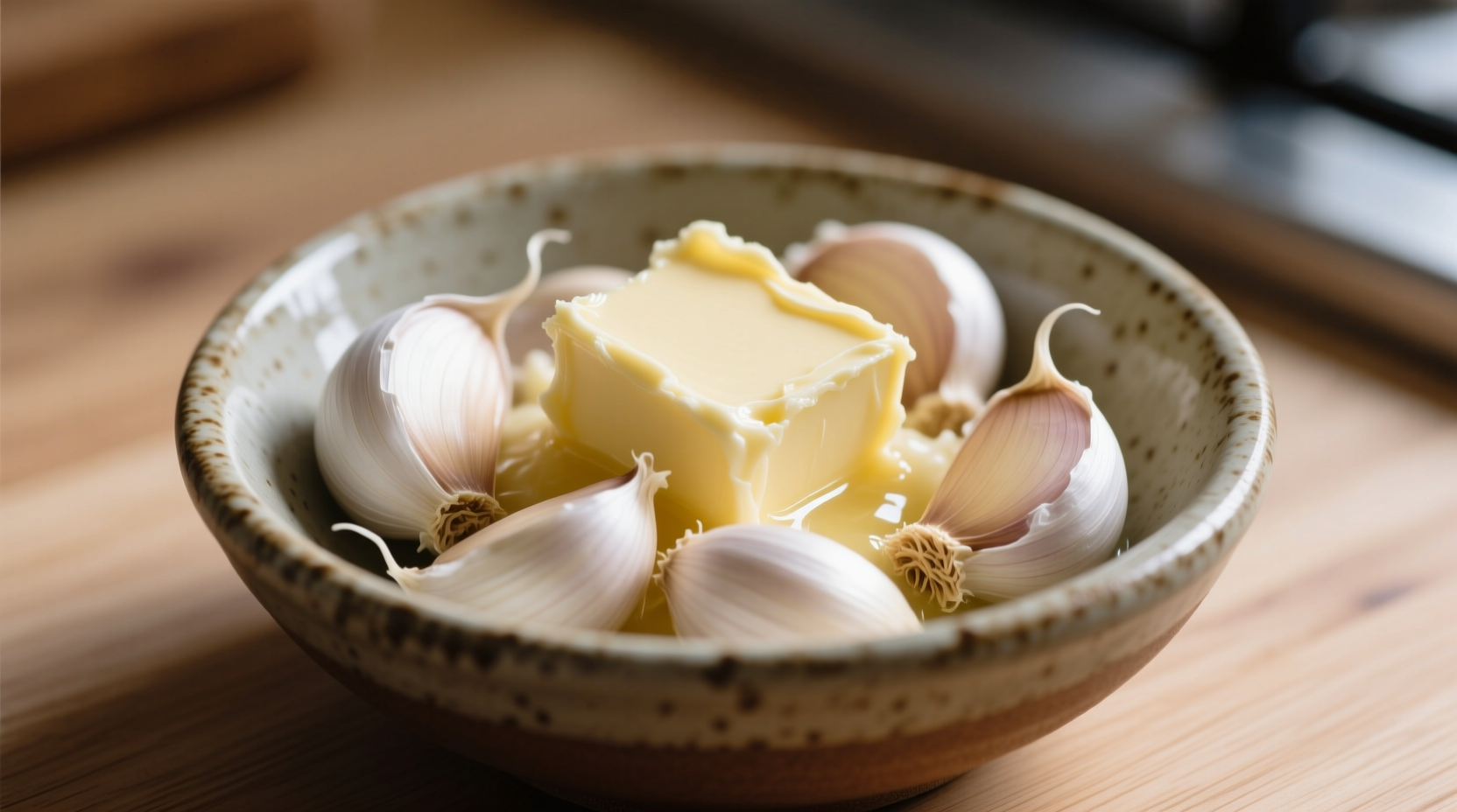 Fresh garlic cloves mixed with softened butter in bowl
