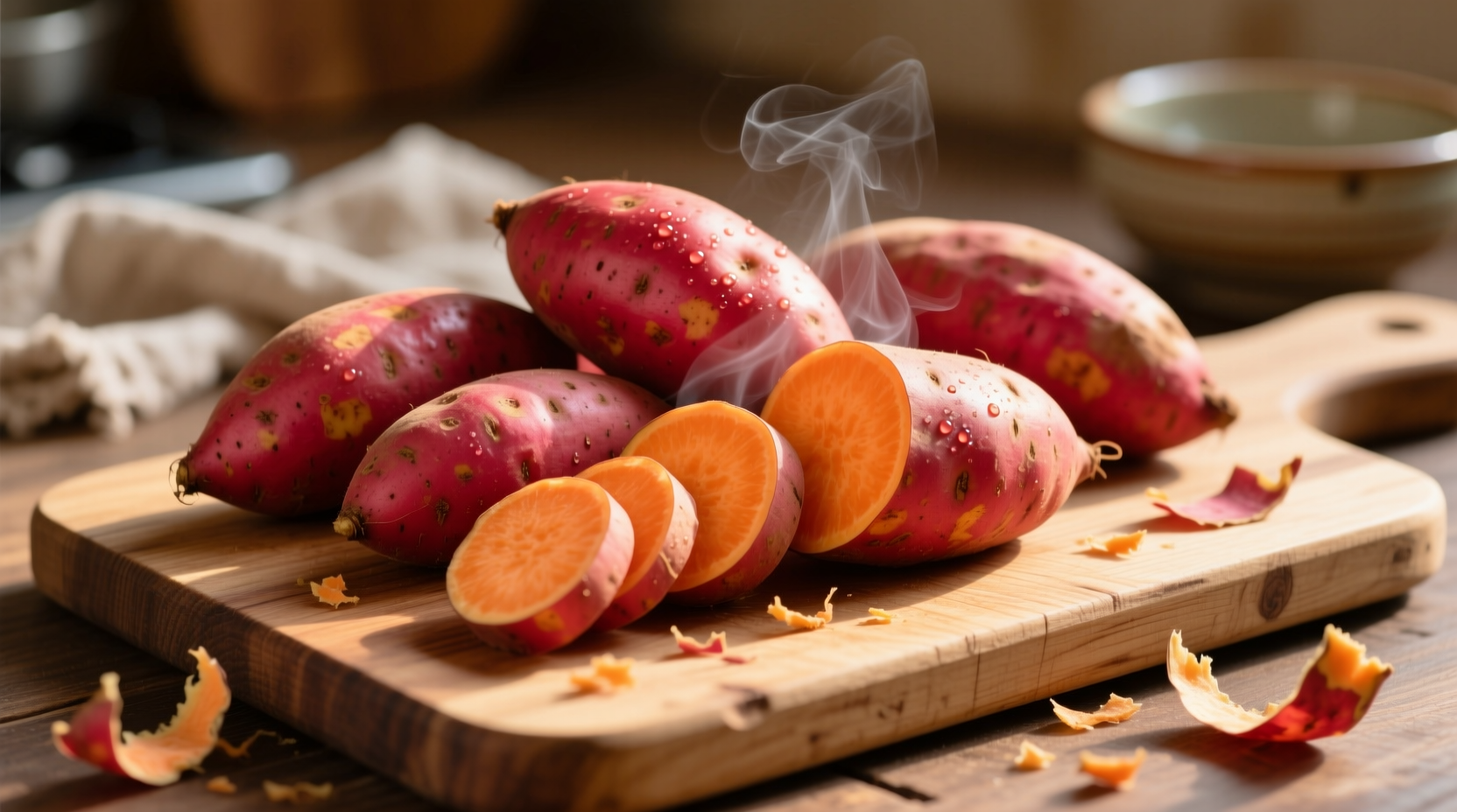 Fresh red sweet potatoes on wooden cutting board