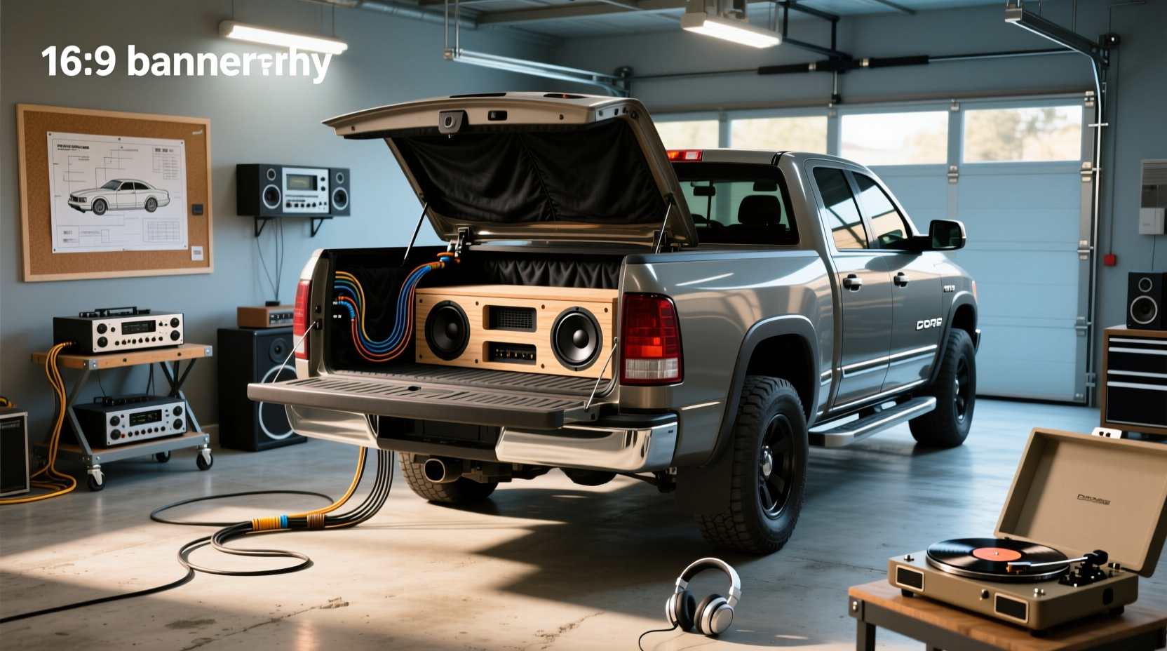 Side view of Dodge Ram 1500 showing subwoofer box placement under rear seat
