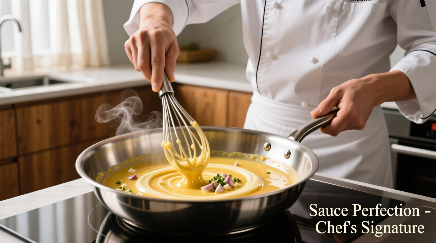 Chef whisking golden butter garlic sauce in stainless steel pan