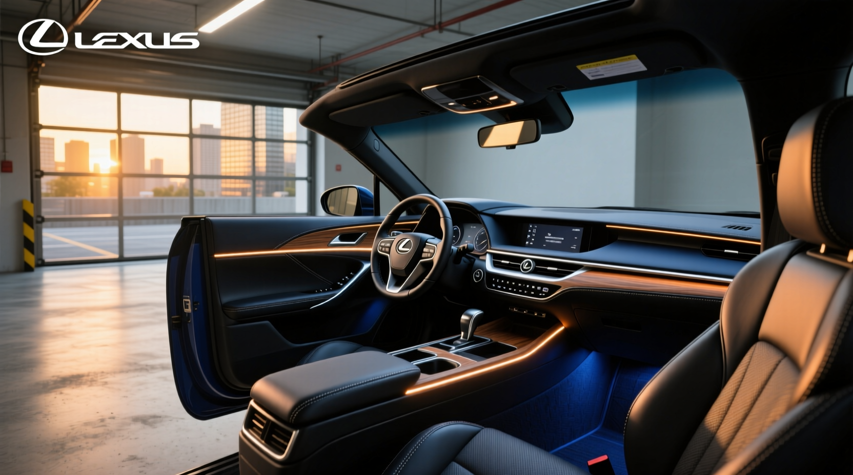 Close-up view of Lexus dashboard showing ambient lighting glow beneath glove compartment and speaker grille