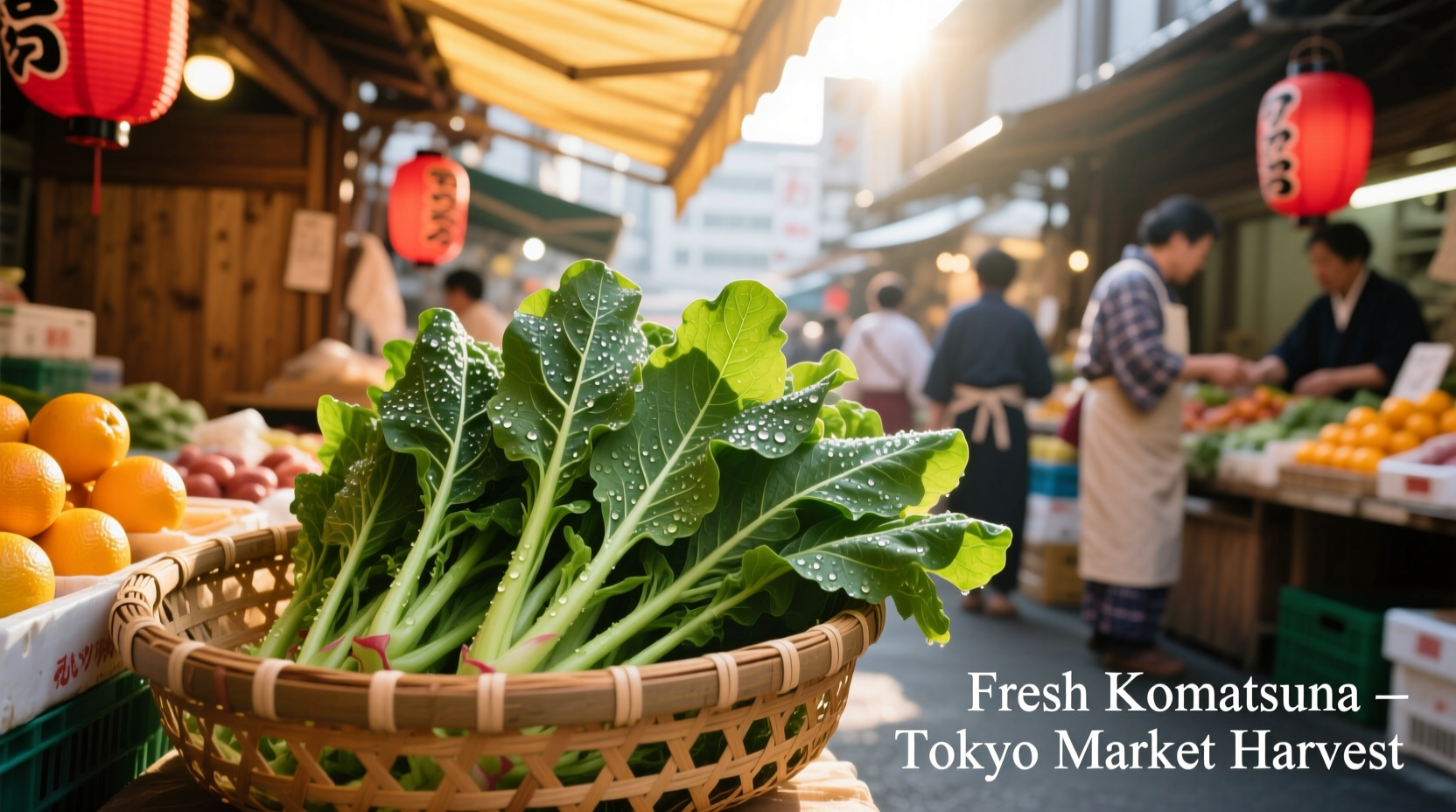 Fresh komatsuna greens in a Tokyo market