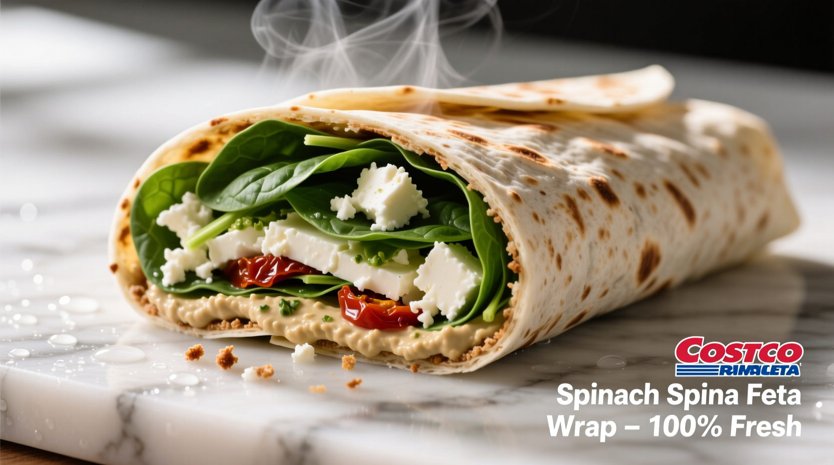 Costco spinach feta wrap sliced open showing ingredients