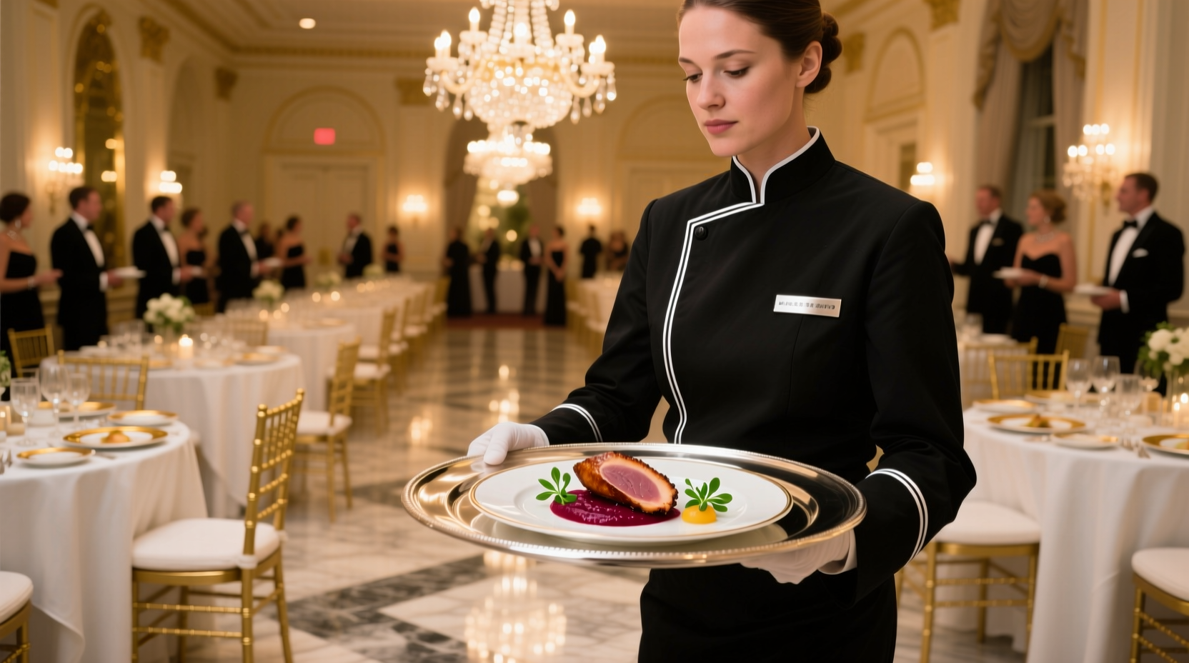 Professional catering staff serving plated dishes at formal event