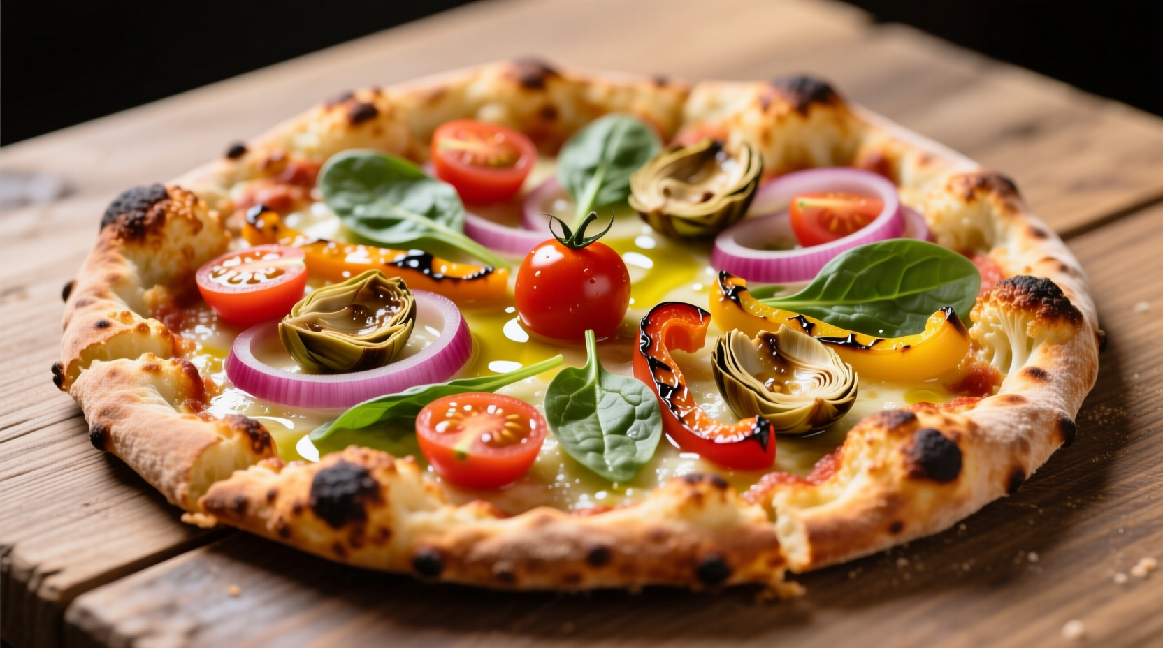 Crispy golden cauliflower pizza crust topped with fresh vegetables